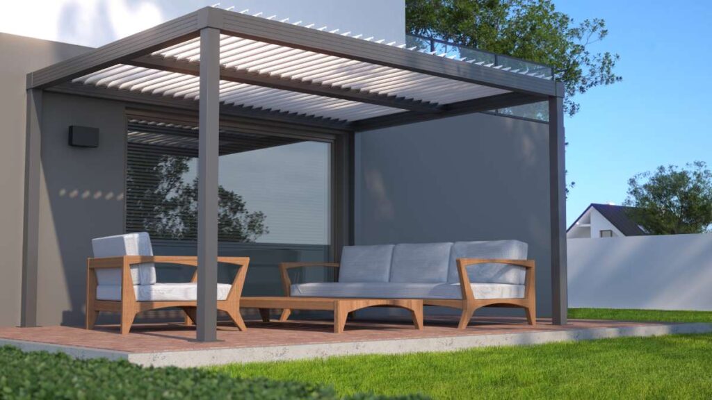Moderne terrasoverkapping met lamellen dak.