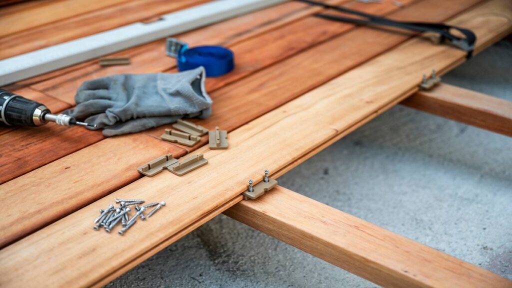 Werkgerief zoals een boor, handschoenen en schroeven liggen op een houten vloer die gerenoveerd wordt.